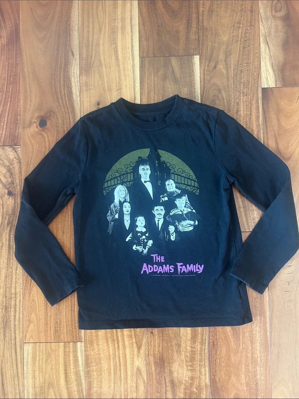 GAP Black Long-Sleeve Addams Family Graphic Tee with Green and Purple Accents